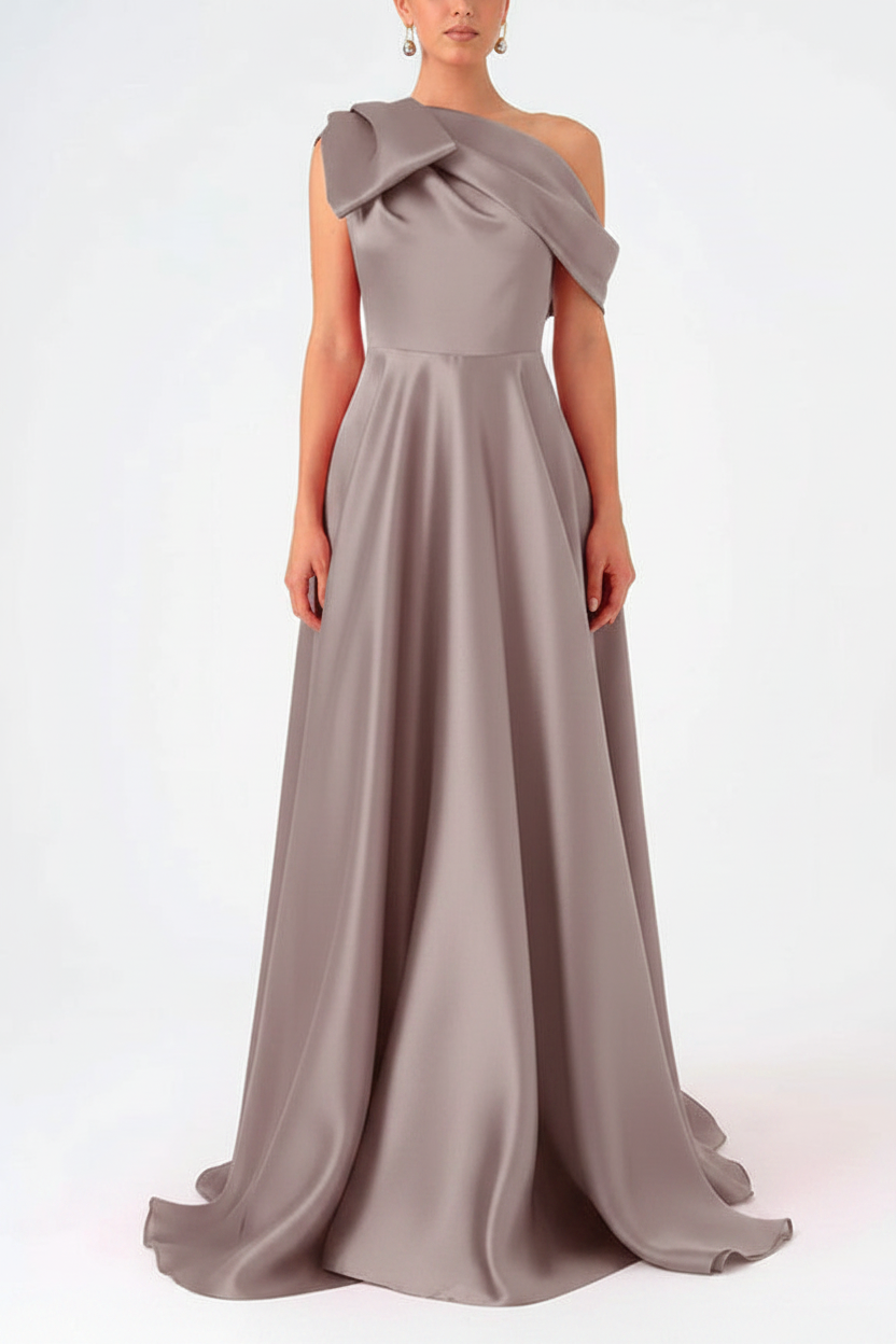 A-Line One-Shoulder Floor Evening Dresses Length Sleeveless Prom Dress Satin With Bow(s)
