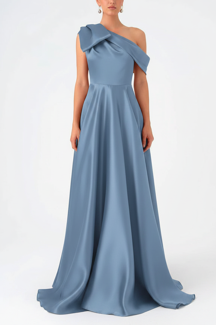 A-Line One-Shoulder Floor Evening Dresses Length Sleeveless Prom Dress Satin With Bow(s)