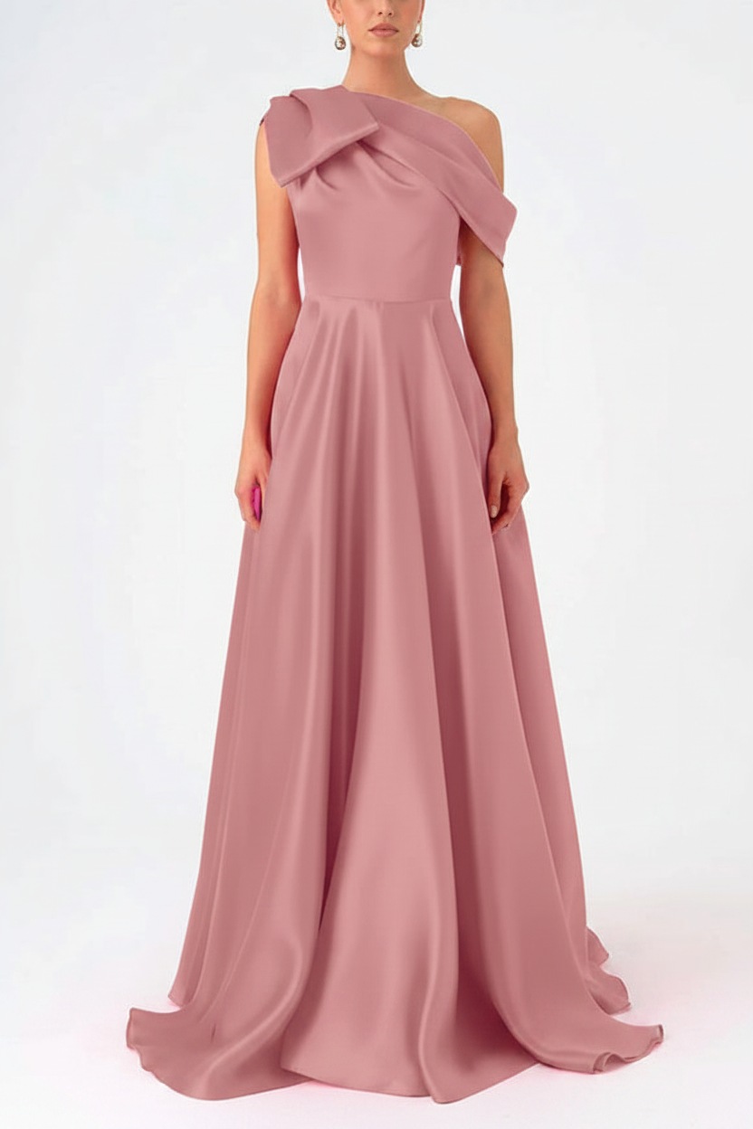 A-Line One-Shoulder Floor Evening Dresses Length Sleeveless Prom Dress Satin With Bow(s)