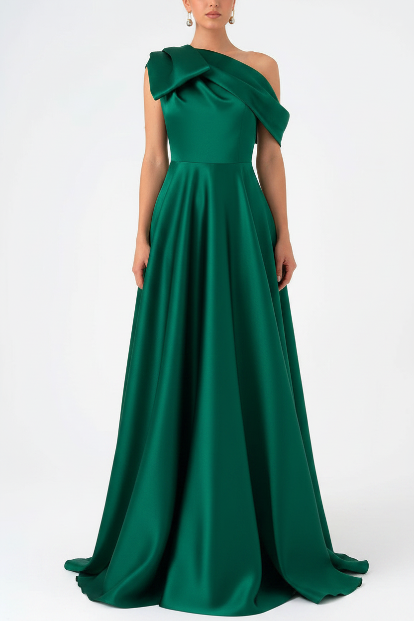A-Line One-Shoulder Floor Evening Dresses Length Sleeveless Prom Dress Satin With Bow(s)