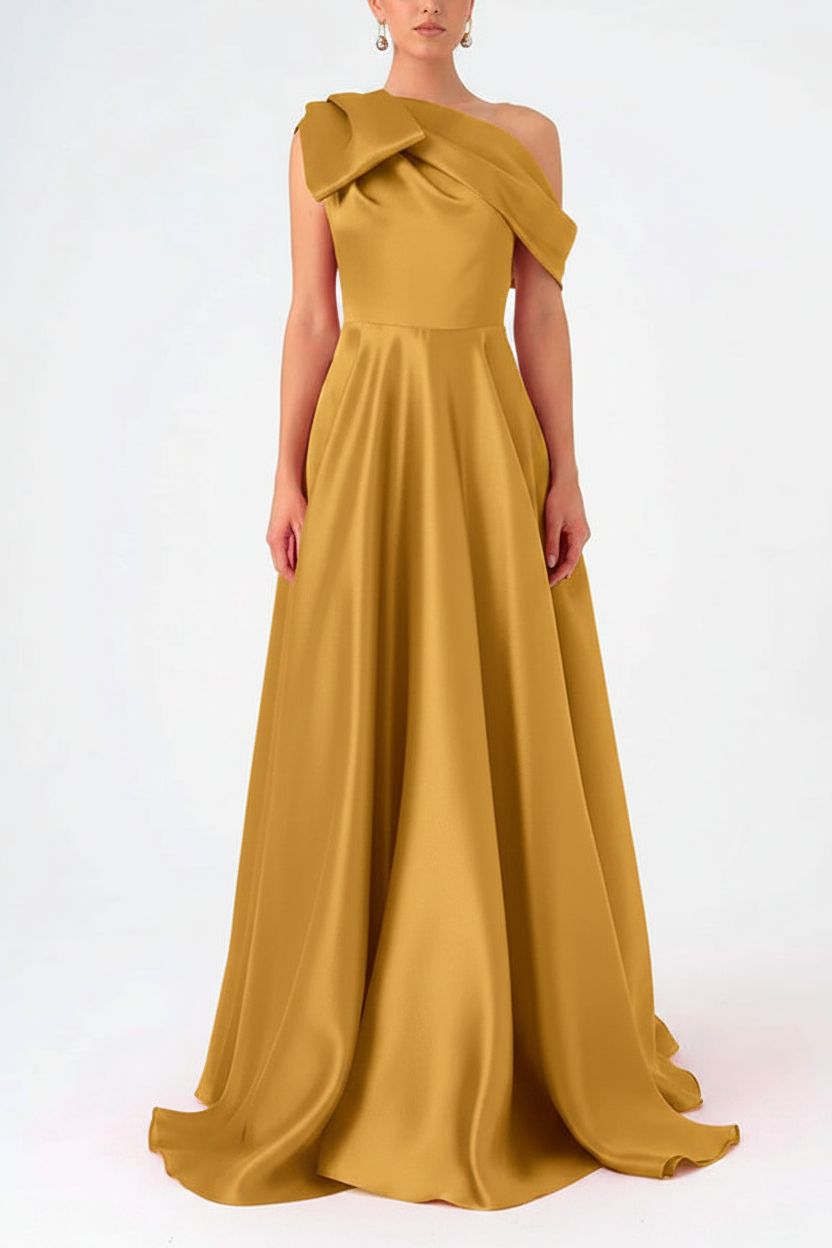 A-Line One-Shoulder Floor Evening Dresses Length Sleeveless Prom Dress Satin With Bow(s)