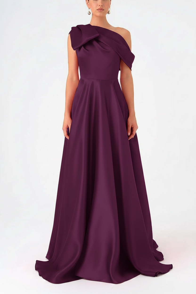 A-Line One-Shoulder Floor Evening Dresses Length Sleeveless Prom Dress Satin With Bow(s)