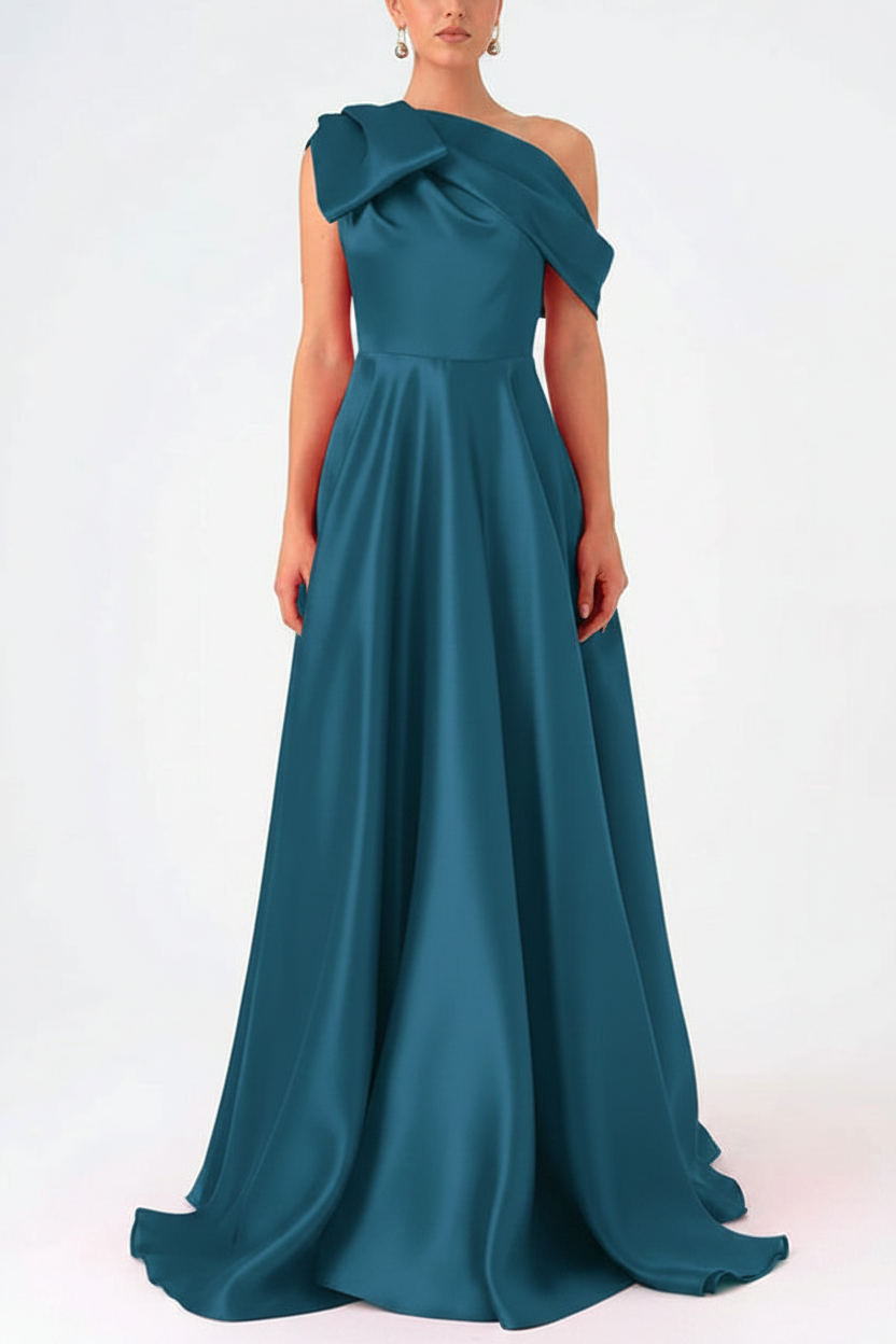 A-Line One-Shoulder Floor Evening Dresses Length Sleeveless Prom Dress Satin With Bow(s)