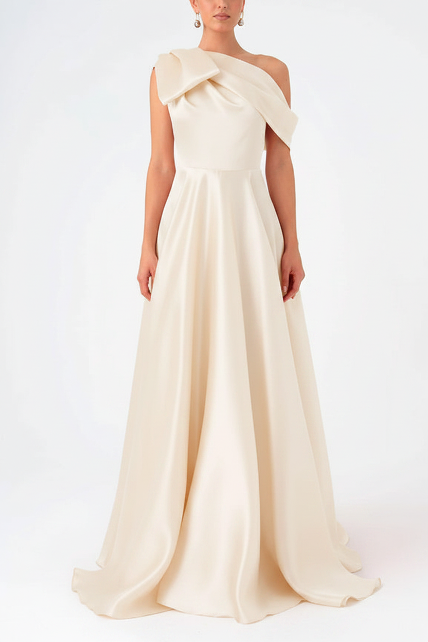 A-Line One-Shoulder Floor Evening Dresses Length Sleeveless Prom Dress Satin With Bow(s)