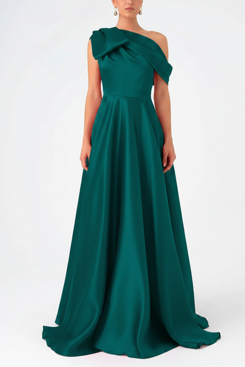 A-Line One-Shoulder Floor Evening Dresses Length Sleeveless Prom Dress Satin With Bow(s)