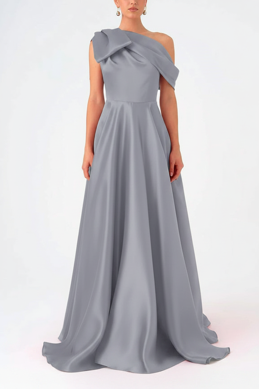 A-Line One-Shoulder Floor Evening Dresses Length Sleeveless Prom Dress Satin With Bow(s)