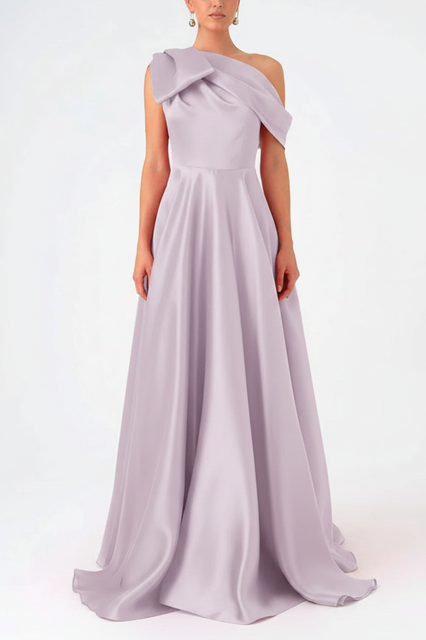 A-Line One-Shoulder Floor Evening Dresses Length Sleeveless Prom Dress Satin With Bow(s)