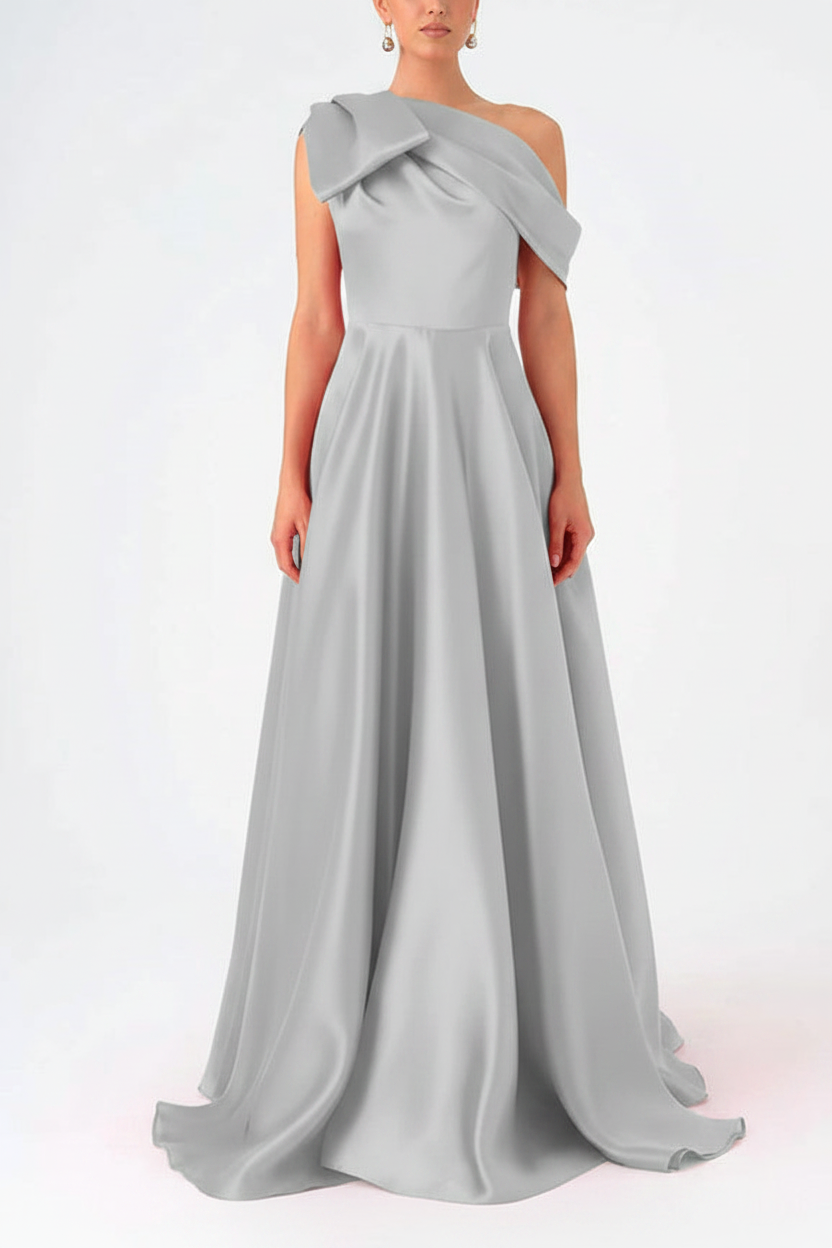 A-Line One-Shoulder Floor Evening Dresses Length Sleeveless Prom Dress Satin With Bow(s)