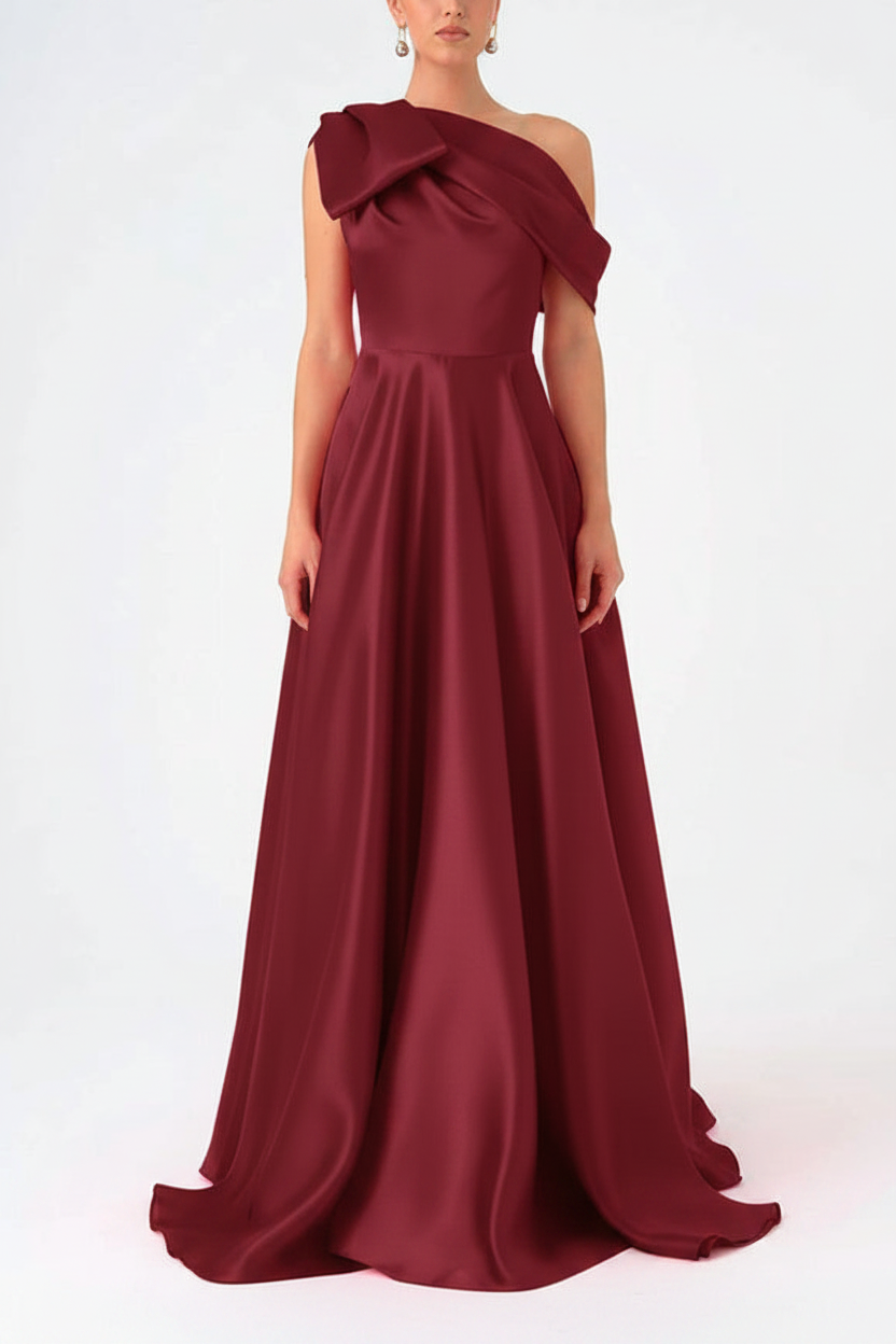 A-Line One-Shoulder Floor Evening Dresses Length Sleeveless Prom Dress Satin With Bow(s)