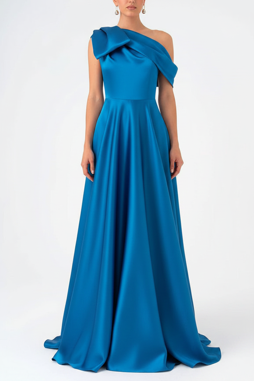 A-Line One-Shoulder Floor Evening Dresses Length Sleeveless Prom Dress Satin With Bow(s)
