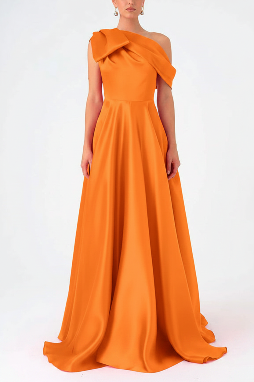A-Line One-Shoulder Floor Evening Dresses Length Sleeveless Prom Dress Satin With Bow(s)