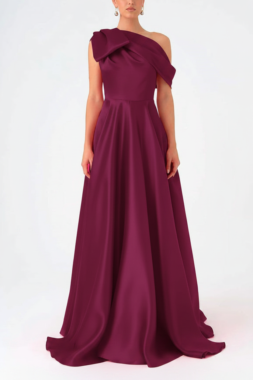 A-Line One-Shoulder Floor Evening Dresses Length Sleeveless Prom Dress Satin With Bow(s)