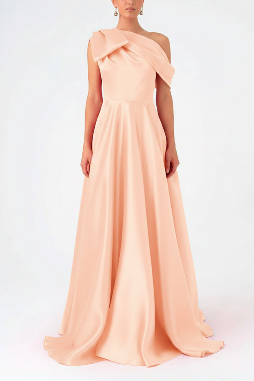 A-Line One-Shoulder Floor Evening Dresses Length Sleeveless Prom Dress Satin With Bow(s)