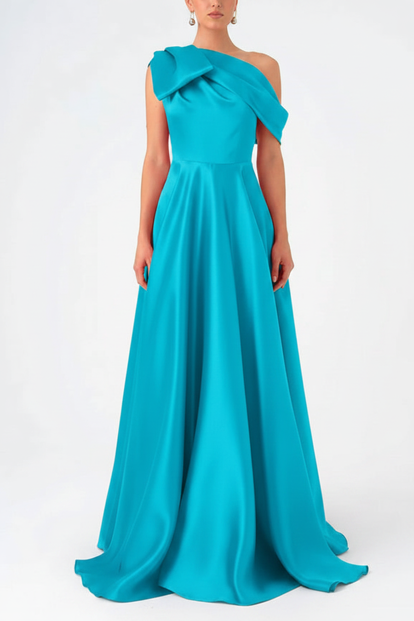 A-Line One-Shoulder Floor Evening Dresses Length Sleeveless Prom Dress Satin With Bow(s)
