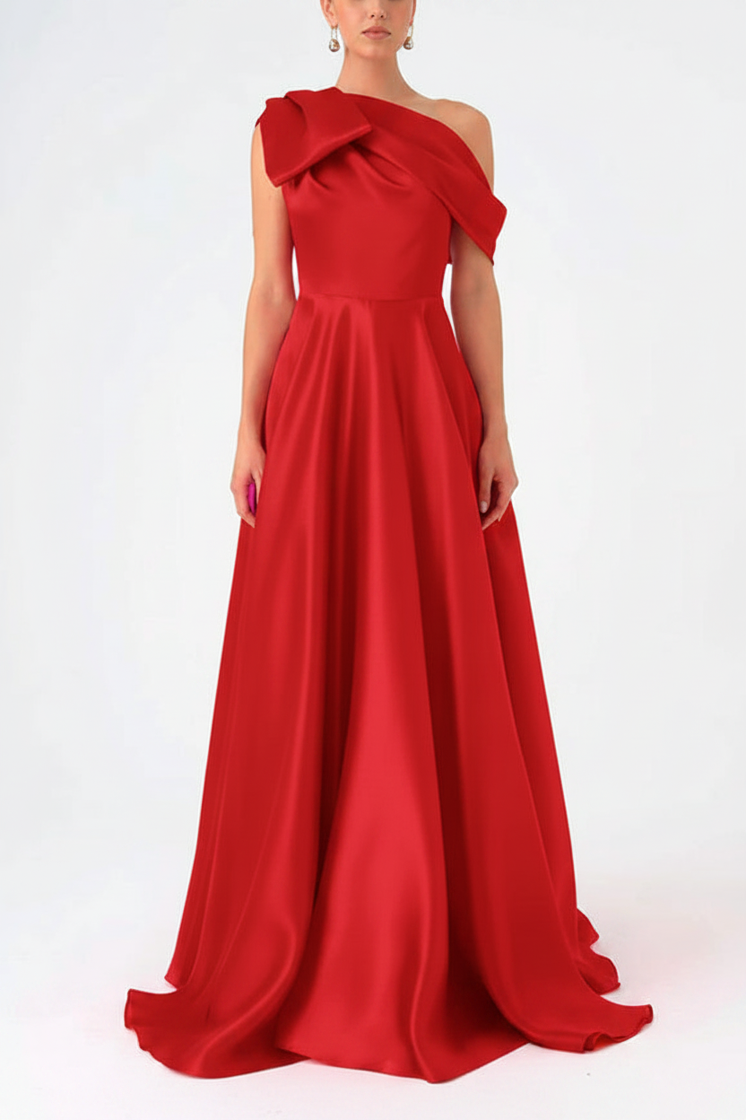 A-Line One-Shoulder Floor Evening Dresses Length Sleeveless Prom Dress Satin With Bow(s)