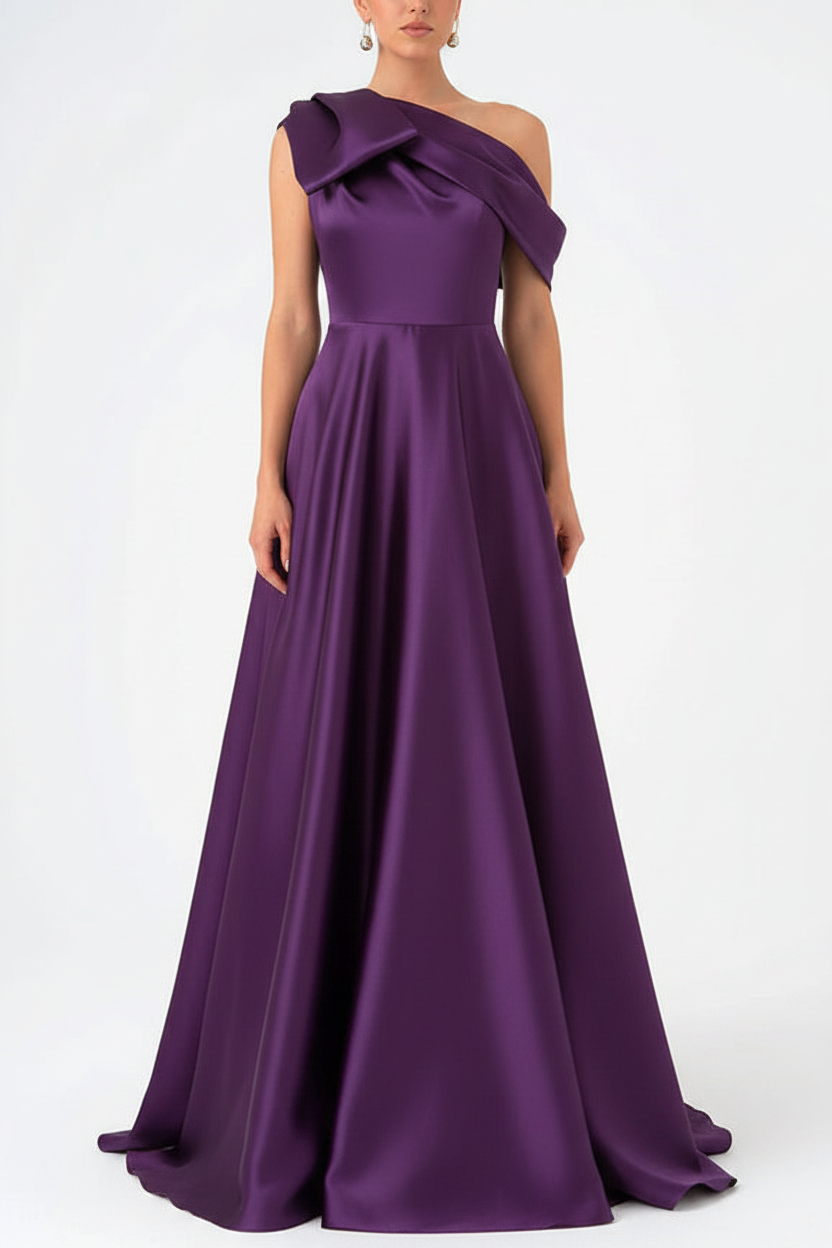 A-Line One-Shoulder Floor Evening Dresses Length Sleeveless Prom Dress Satin With Bow(s)