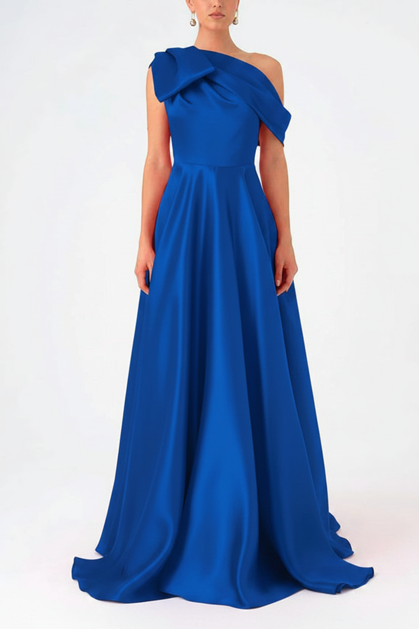 A-Line One-Shoulder Floor Evening Dresses Length Sleeveless Prom Dress Satin With Bow(s)