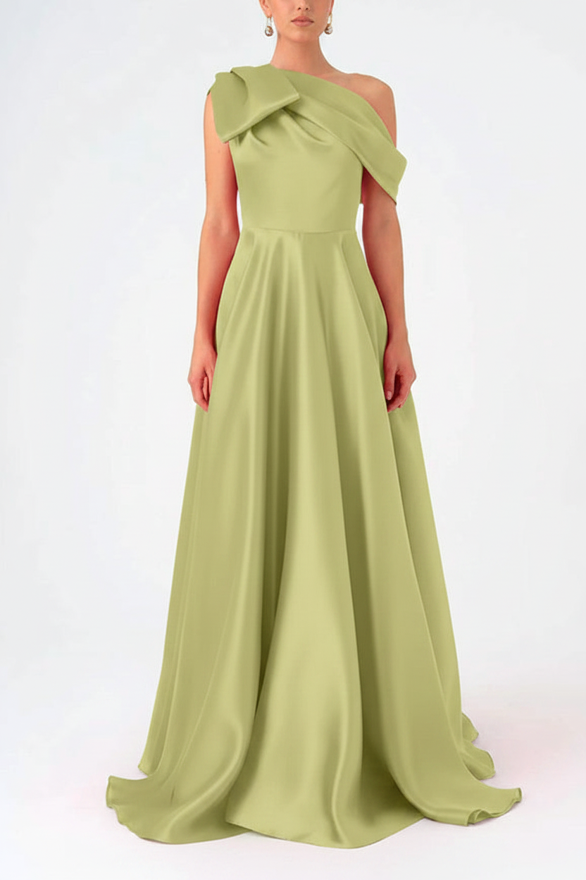 A-Line One-Shoulder Floor Evening Dresses Length Sleeveless Prom Dress Satin With Bow(s)