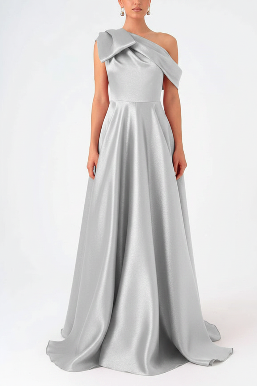A-Line One-Shoulder Floor Evening Dresses Length Sleeveless Prom Dress Satin With Bow(s)