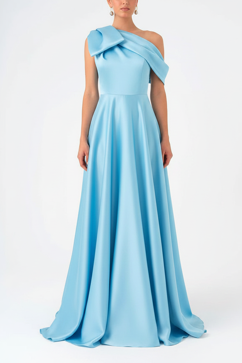 A-Line One-Shoulder Floor Evening Dresses Length Sleeveless Prom Dress Satin With Bow(s)