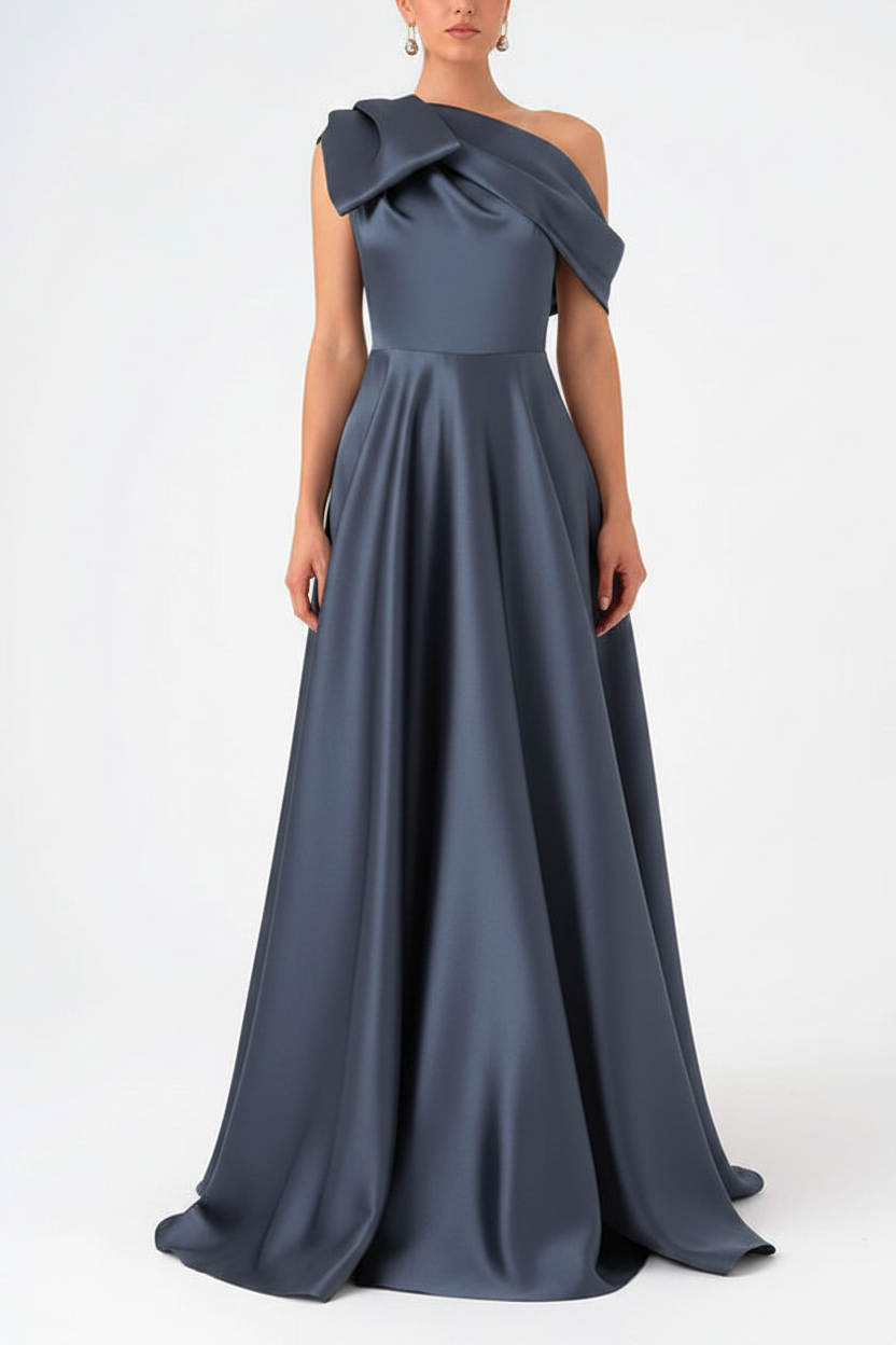 A-Line One-Shoulder Floor Evening Dresses Length Sleeveless Prom Dress Satin With Bow(s)