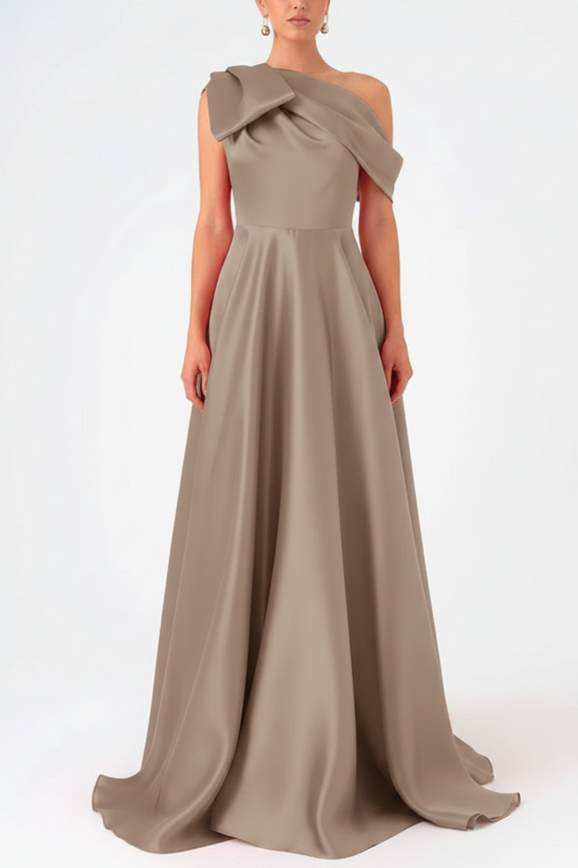 A-Line One-Shoulder Floor Evening Dresses Length Sleeveless Prom Dress Satin With Bow(s)