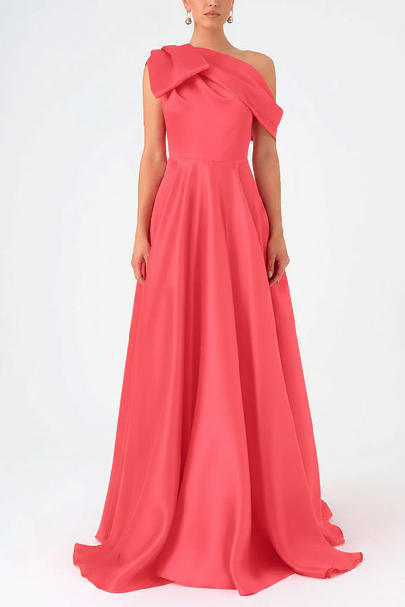 A-Line One-Shoulder Floor Evening Dresses Length Sleeveless Prom Dress Satin With Bow(s)