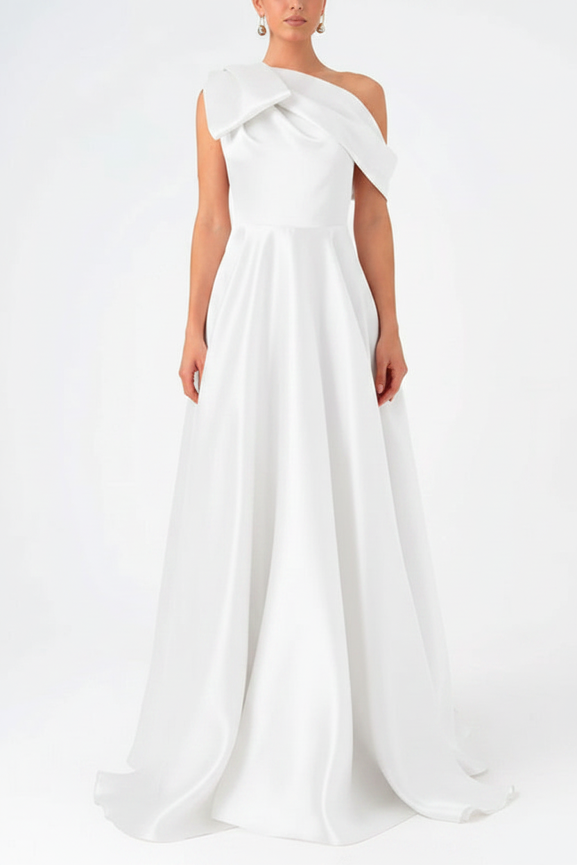 A-Line One-Shoulder Floor Evening Dresses Length Sleeveless Prom Dress Satin With Bow(s)