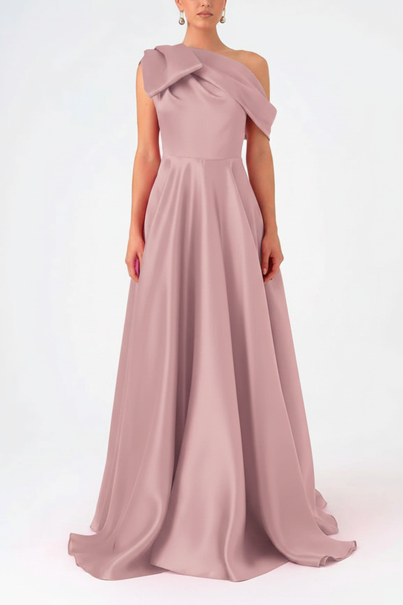 A-Line One-Shoulder Floor Evening Dresses Length Sleeveless Prom Dress Satin With Bow(s)