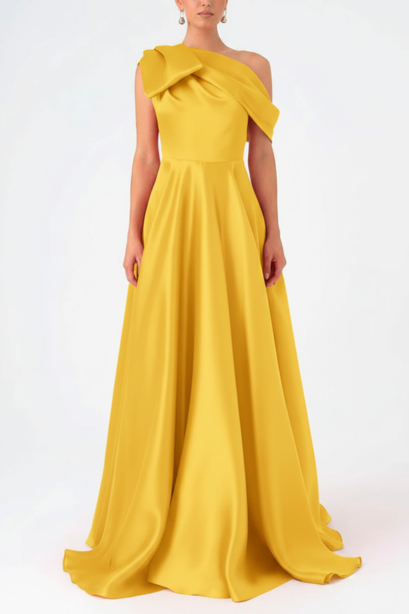 A-Line One-Shoulder Floor Evening Dresses Length Sleeveless Prom Dress Satin With Bow(s)