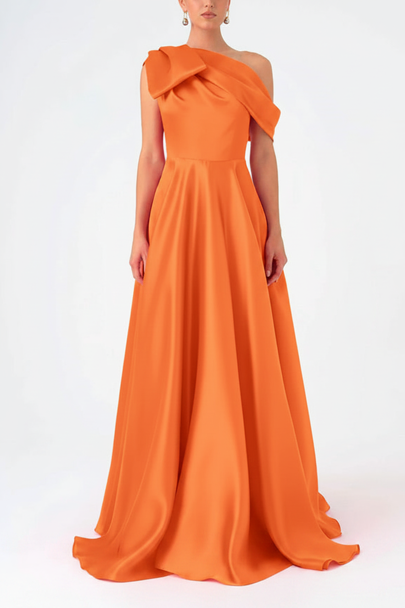 A-Line One-Shoulder Floor Evening Dresses Length Sleeveless Prom Dress Satin With Bow(s)