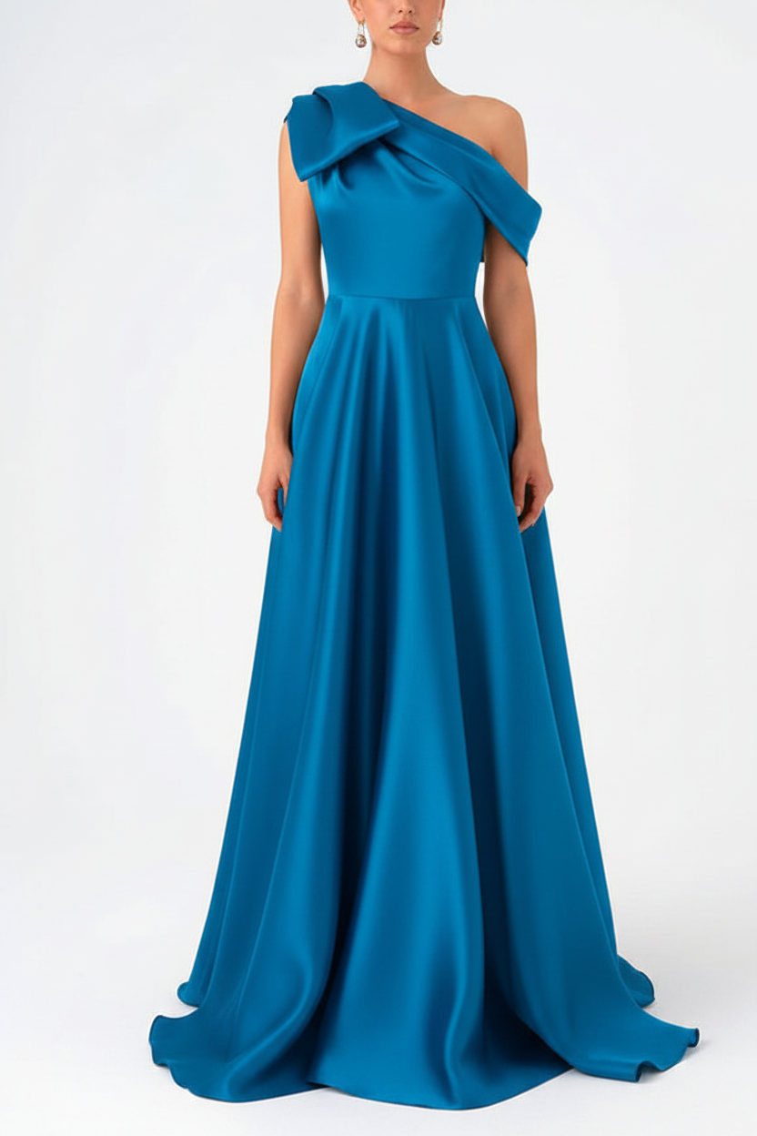 A-Line One-Shoulder Floor Evening Dresses Length Sleeveless Prom Dress Satin With Bow(s)