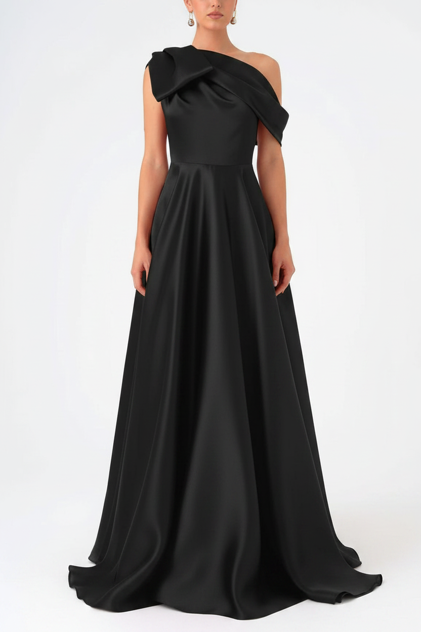 A-Line One-Shoulder Floor Evening Dresses Length Sleeveless Prom Dress Satin With Bow(s)