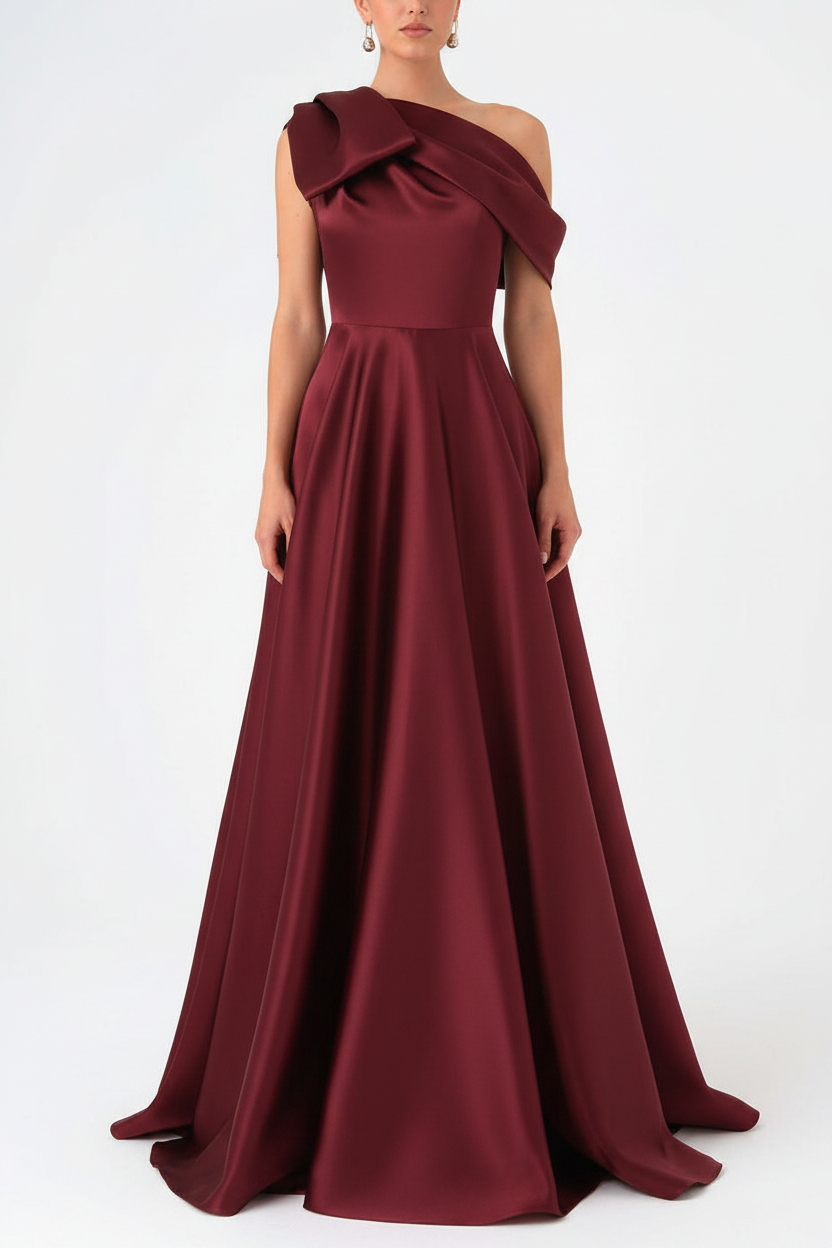 A-Line One-Shoulder Floor Evening Dresses Length Sleeveless Prom Dress Satin With Bow(s)