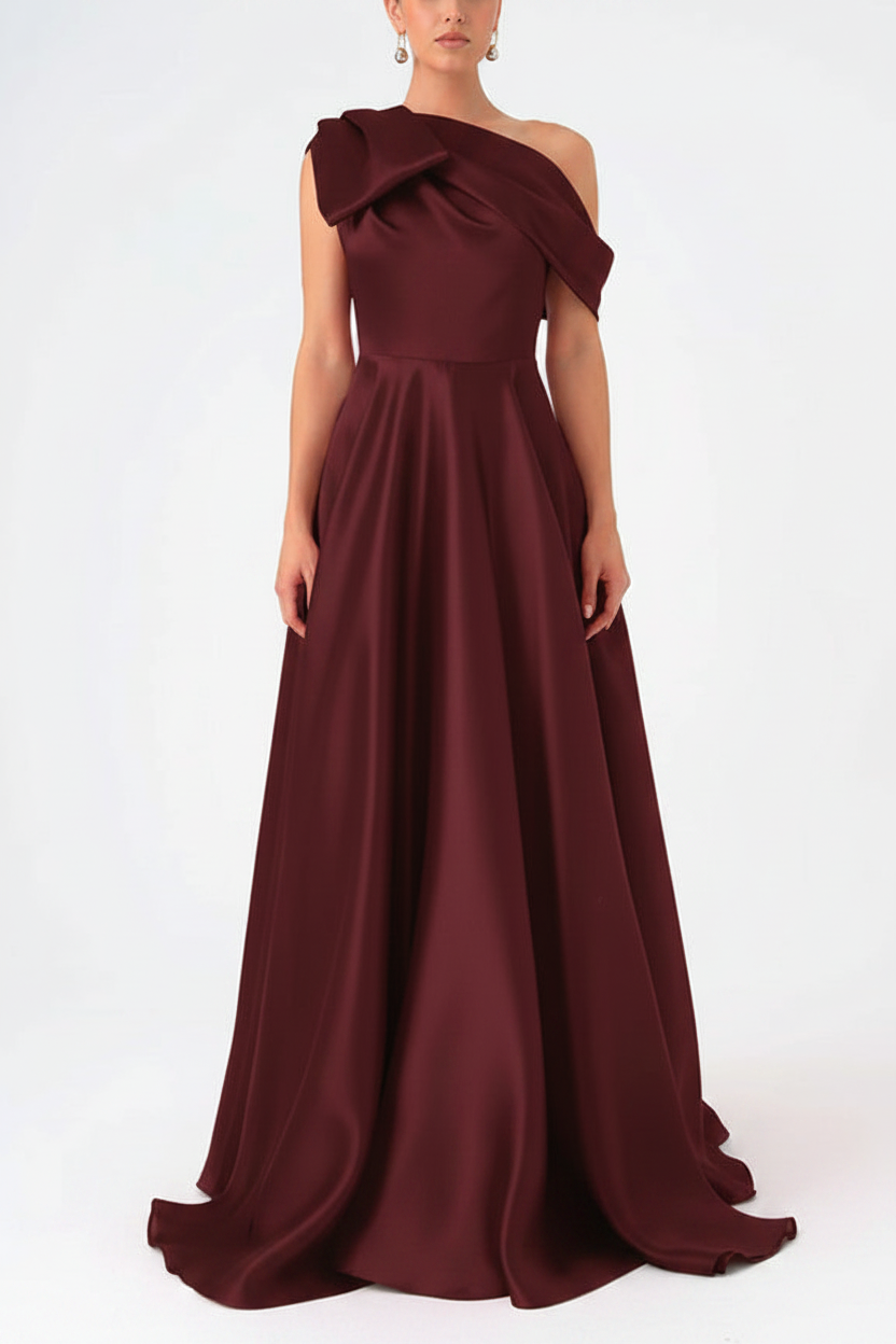 A-Line One-Shoulder Floor Evening Dresses Length Sleeveless Prom Dress Satin With Bow(s)