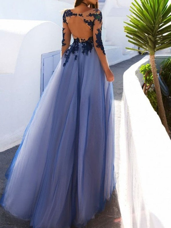 A-Line Scoop Long Sleeves Floor-Length With Applique Tulle Prom Evening Dresses