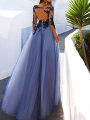 A-Line Scoop Long Sleeves Floor-Length With Applique Tulle Prom Evening Dresses