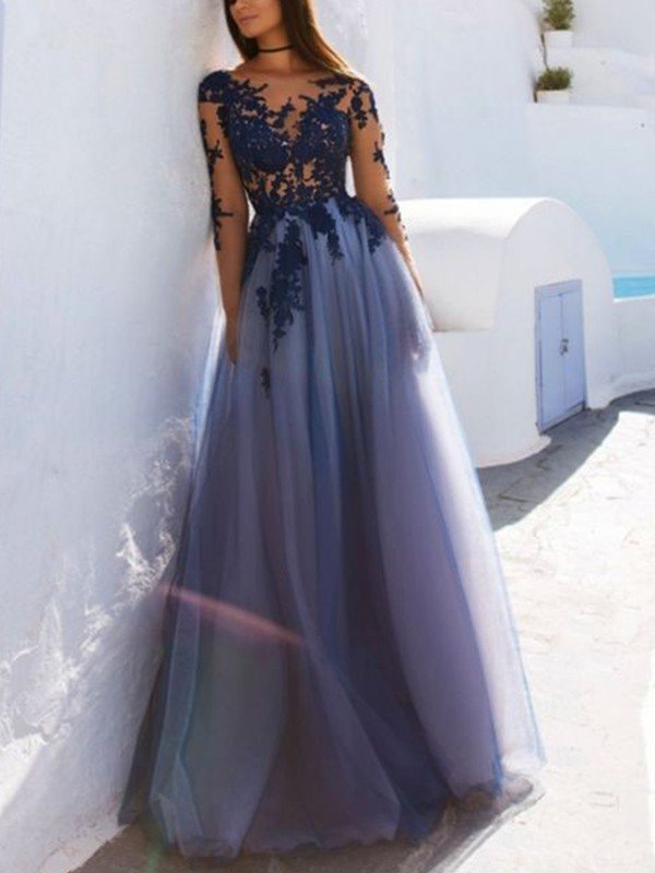 A-Line Scoop Long Sleeves Floor-Length With Applique Tulle Prom Evening Dresses