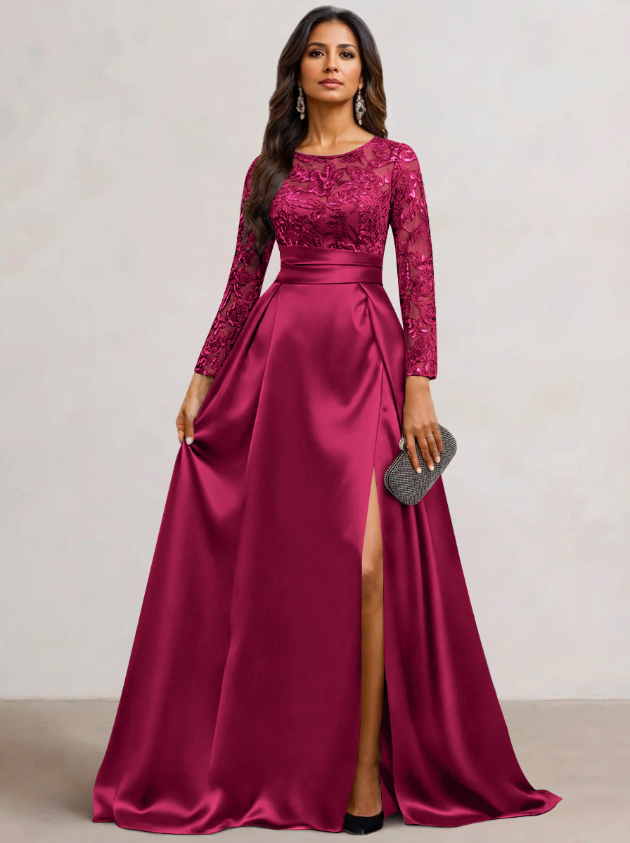 A-Line Scoop Satin Sequin Mother of the Bride Dresses Long Sleeves Floor-Length Wedding Guest with Split Side
