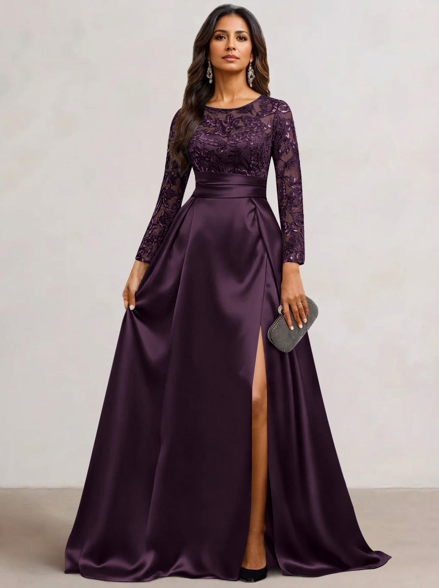 A-Line Scoop Satin Sequin Mother of the Bride Dresses Long Sleeves Floor-Length Wedding Guest with Split Side