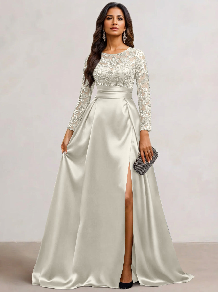 A-Line Scoop Satin Sequin Mother of the Bride Dresses Long Sleeves Floor-Length Wedding Guest with Split Side