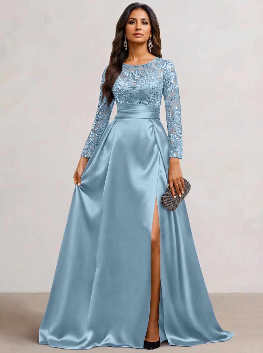 A-Line Scoop Satin Sequin Mother of the Bride Dresses Long Sleeves Floor-Length Wedding Guest with Split Side