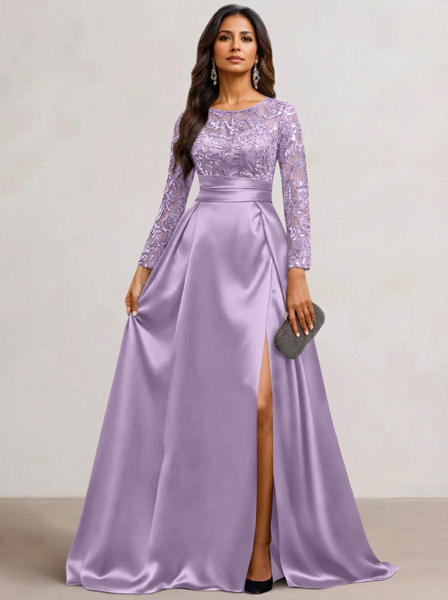 A-Line Scoop Satin Sequin Mother of the Bride Dresses Long Sleeves Floor-Length Wedding Guest with Split Side