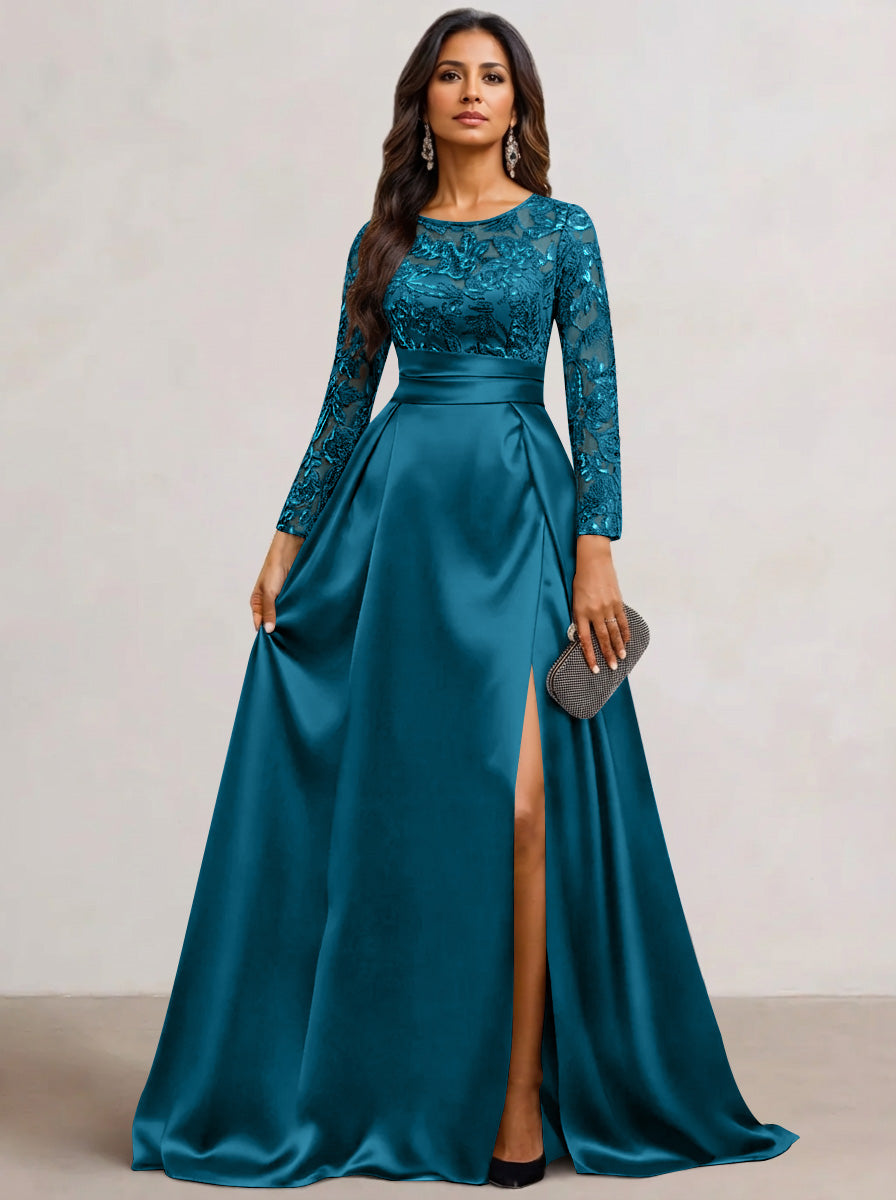 A-Line Scoop Satin Sequin Mother of the Bride Dresses Long Sleeves Floor-Length Wedding Guest with Split Side