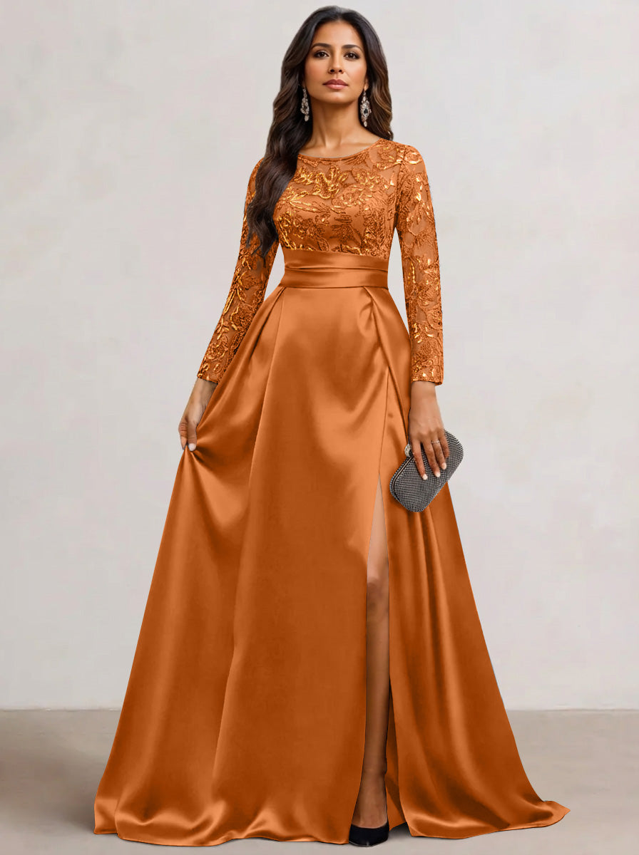 A-Line Scoop Satin Sequin Mother of the Bride Dresses Long Sleeves Floor-Length Wedding Guest with Split Side