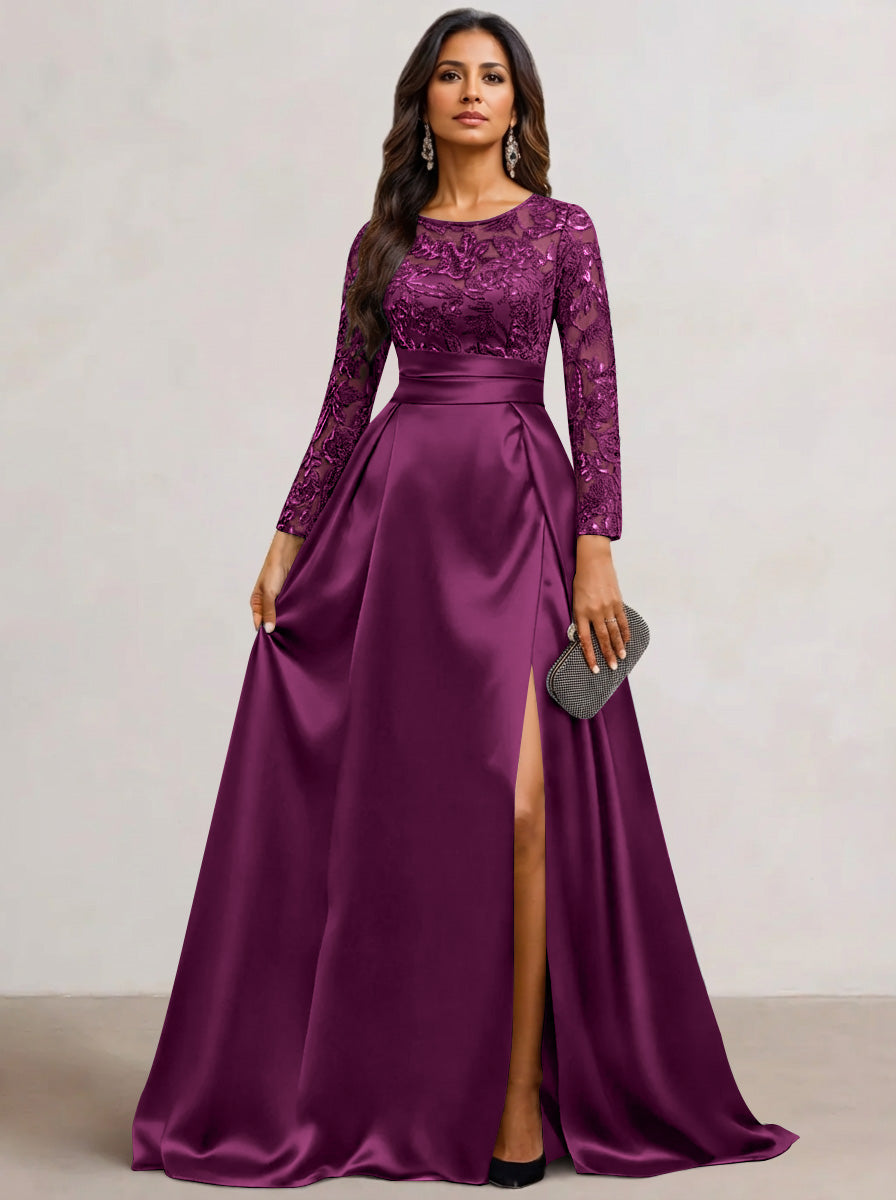 A-Line Scoop Satin Sequin Mother of the Bride Dresses Long Sleeves Floor-Length Wedding Guest with Split Side