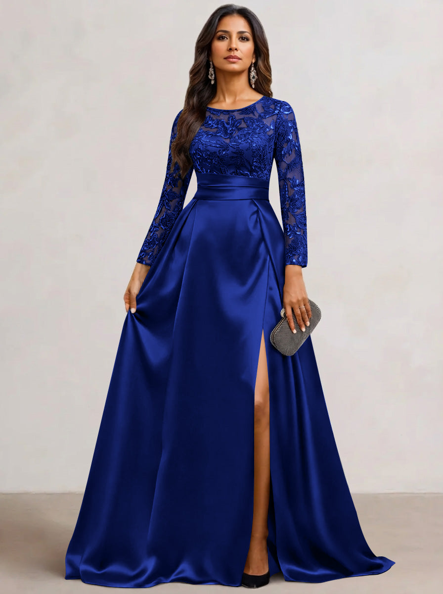 A-Line Scoop Satin Sequin Mother of the Bride Dresses Long Sleeves Floor-Length Wedding Guest with Split Side