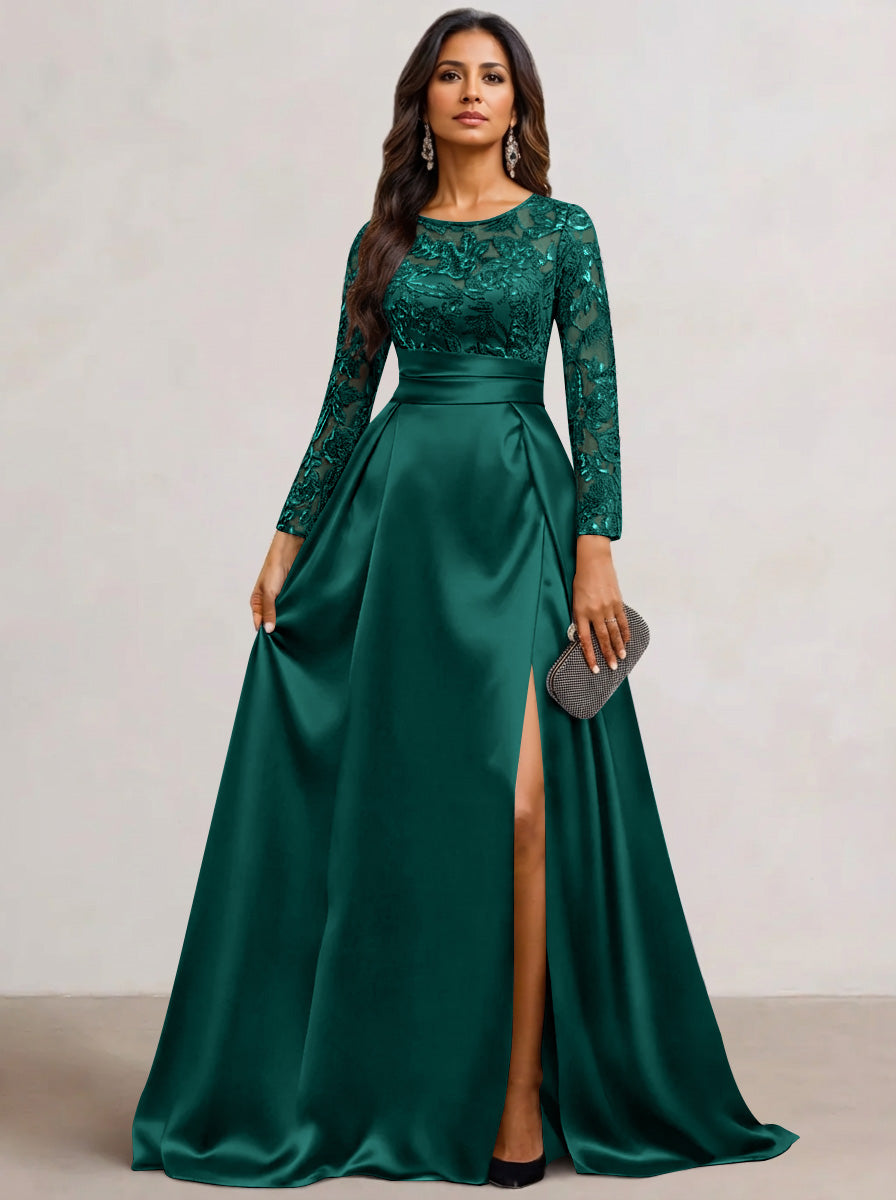 A-Line Scoop Satin Sequin Mother of the Bride Dresses Long Sleeves Floor-Length Wedding Guest with Split Side