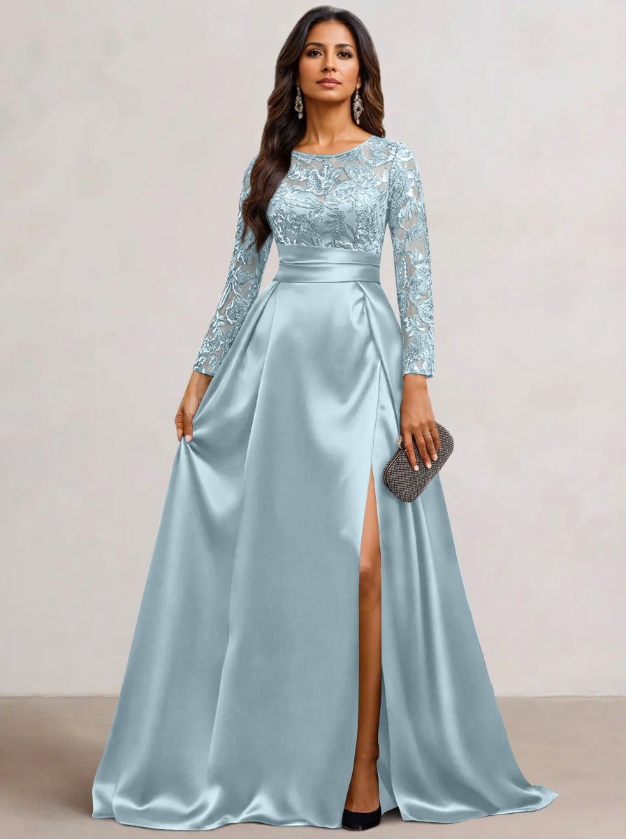A-Line Scoop Satin Sequin Mother of the Bride Dresses Long Sleeves Floor-Length Wedding Guest with Split Side