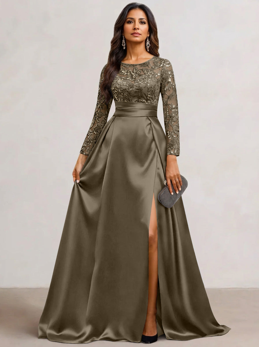 A-Line Scoop Satin Sequin Mother of the Bride Dresses Long Sleeves Floor-Length Wedding Guest with Split Side